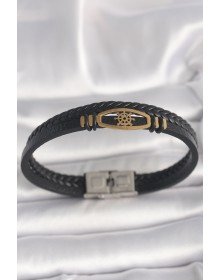 316L Çelik Gold Renk Gemi Dümen Figür Siyah Renk Çift Sıra Burgu Desenli Deri Kordon Erkek Bileklik