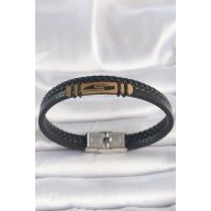 316L Çelik Gold Renk Aksesuarlı Çift Sıra Siyah Burgu Desenli Deri Kordon Erkek Bileklik