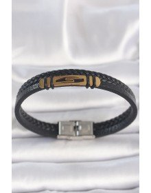 316L Çelik Gold Renk Aksesuarlı Çift Sıra Siyah Burgu Desenli Deri Kordon Erkek Bileklik