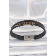 316L Çelik Gold Renk Aksesuarlı Çift Sıra Siyah Burgu Desenli Deri Kordon Erkek Bileklik