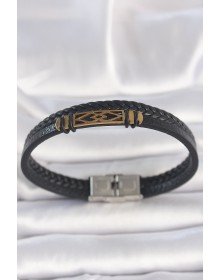 316L Çelik Gold Renk Aksesuarlı Çift Sıra Siyah Burgu Desenli Deri Kordon Erkek Bileklik