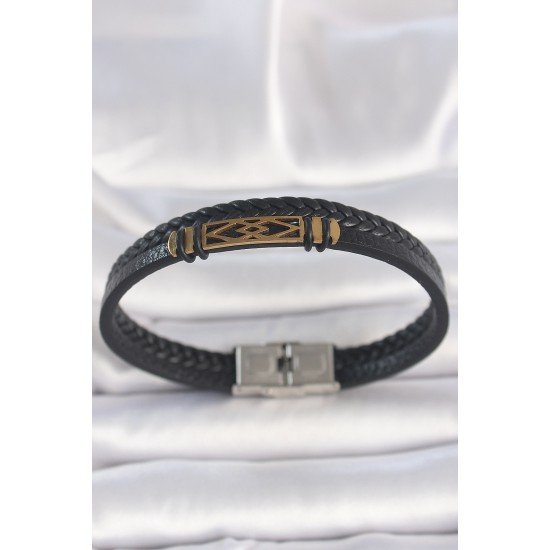 316L Çelik Gold Renk Aksesuarlı Çift Sıra Siyah Burgu Desenli Deri Kordon Erkek Bileklik