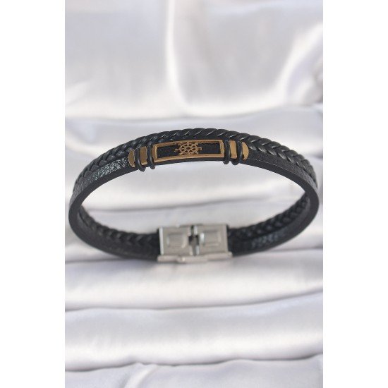 316L Çelik Gold Renk Gemi Dümeni Aksesuarlı Çift Sıra Burgu Desenli Deri Kordon Erkek Bileklik