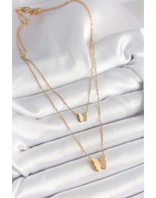 316L Çelik Gold Renk 2'Li Simli Kelebek Model Kadın Kolye