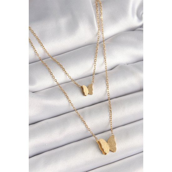 316L Çelik Gold Renk 2'Li Simli Kelebek Model Kadın Kolye