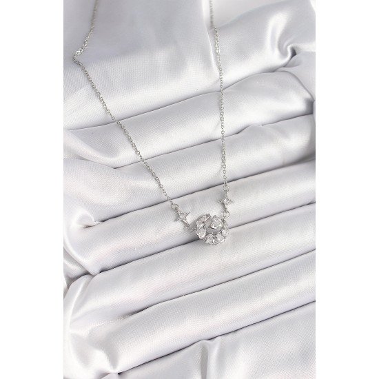 316L Çelik Gümüş Renk Zirkon Taşlı Hilal Kalp Model Kadın Kolye