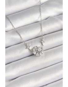 316L Çelik Gümüş Renk Zirkon Taşlı Hilal Kalp Model Kadın Kolye