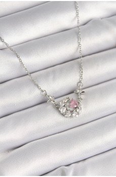 316L Çelik Gümüş Renk Zirkon Taşlı Hilal Pembe Kalp Model Kadın Kolye