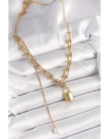 316L Çelik Gold Renk Tifany Zincir Model Kilit Figür Sallantı İnci Detay Kadın Kolye