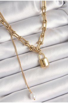 316L Çelik Gold Renk Tifany Zincir Model Kilit Figür Sallantı İnci Detay Kadın Kolye