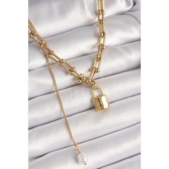 316L Çelik Gold Renk Tifany Zincir Model Kilit Figür Sallantı İnci Detay Kadın Kolye