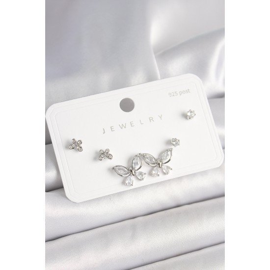 925 Ayar Gümüş Çivi Pirinç Gümüş Renk Zirkon Taşlı Kelebek Model Kadın Küpe Seti