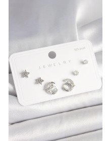 925 Ayar Gümüş Çivi Zirkon Taşlı Hilal Yıldız Model Kadın Küpe Seti