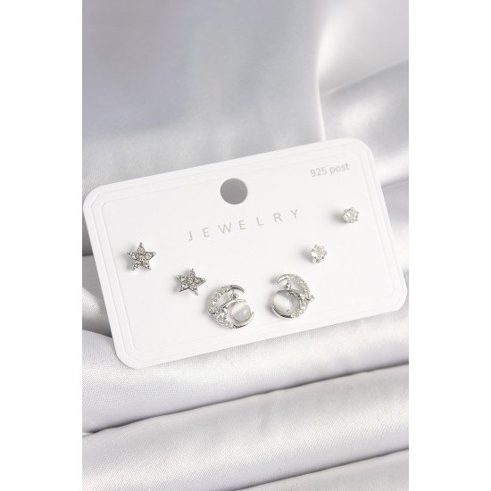 925 Ayar Gümüş Çivi Zirkon Taşlı Hilal Yıldız Model Kadın Küpe Seti