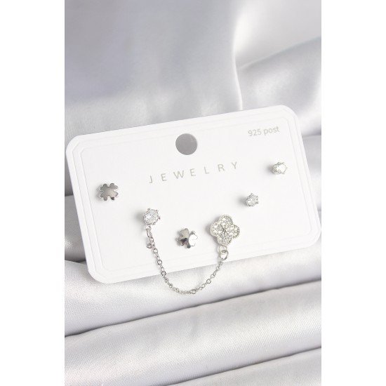 925 Ayar Gümüş Çivi Pirinç Gümüş Renk Zirkon Taşlı Yonca Model Sallantı Zincir Detay Kadın Küpe Seti