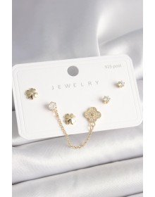 925 Ayar Gümüş Çivi Pirinç Gold Renk Zirkon Taşlı Yonca Model Sallantı Zincir Detay Kadın Küpe Seti