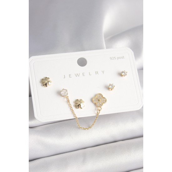 925 Ayar Gümüş Çivi Pirinç Gold Renk Zirkon Taşlı Yonca Model Sallantı Zincir Detay Kadın Küpe Seti