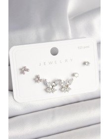 925 Ayar Gümüş Çivi Pirinç Zirkon Taşlı Kelebek Model Kadın Küpe Seti
