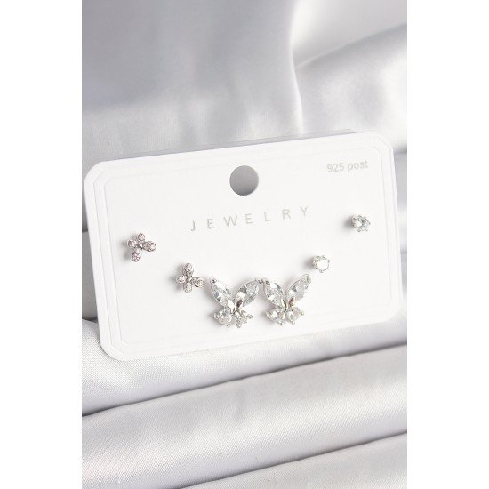 925 Ayar Gümüş Çivi Pirinç Zirkon Taşlı Kelebek Model Kadın Küpe Seti