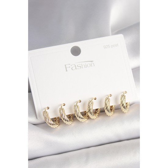 925 Ayar Gümüş Çivi Pirinç Gold Renk İşlemeli Halka Model Kadın Küpe Seti