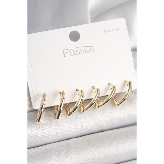 925 Ayar Gümüş Çivi Pirinç Gold Renk Üçgen Model Kadın Küpe Seti