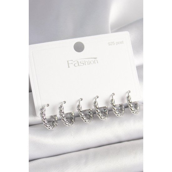 925 Ayar Gümüş Çivi Pirinç Gümüş Renk Sarmal Halka Model Kadın Küpe Seti