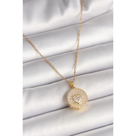 316L Çelik Gold Renk Zincir Madalyon Zirkon Taşlı Kalp Model Kadın Kolye