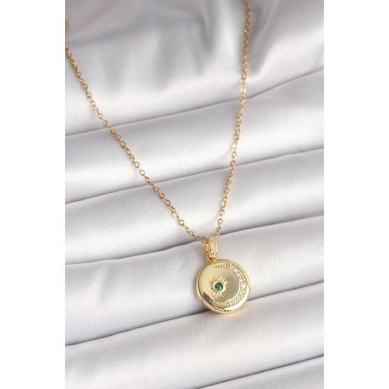 316L Çelik Gold Renk Zincir Zirkon Taş İşlemeli Hilal Yıldız İşlemeli Madalyon Model Kadın Kolye