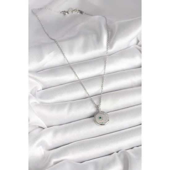 316L Çelik Gümüş Renk Zincir Madalyon Zirkon Taşlı İşlemeli Hilal Yıldız Model Kadın Kolye