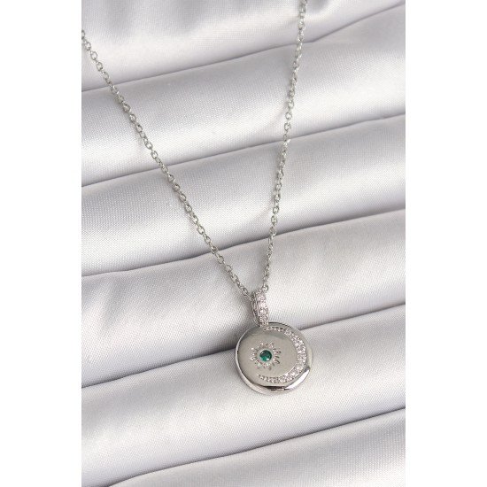 316L Çelik Gümüş Renk Zincir Madalyon Zirkon Taşlı İşlemeli Hilal Yıldız Model Kadın Kolye