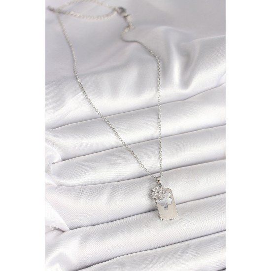 316L Çelik Gümüş Renk Zincir Zirkon Taşlı Yonca Model Kadın Kolye