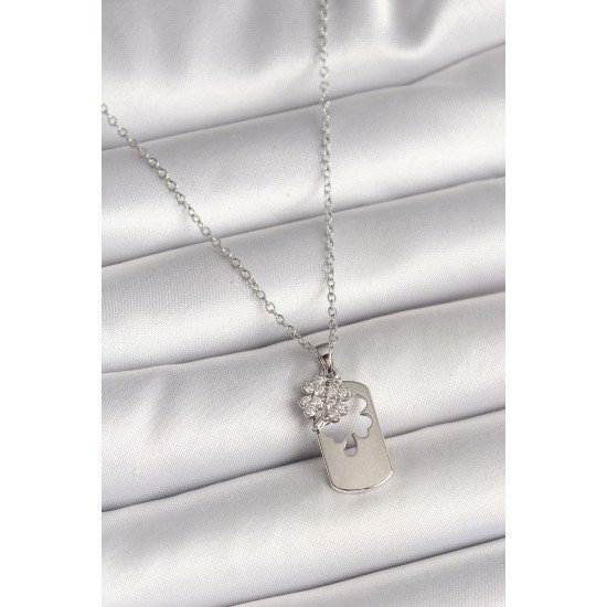 316L Çelik Gümüş Renk Zincir Zirkon Taşlı Yonca Model Kadın Kolye