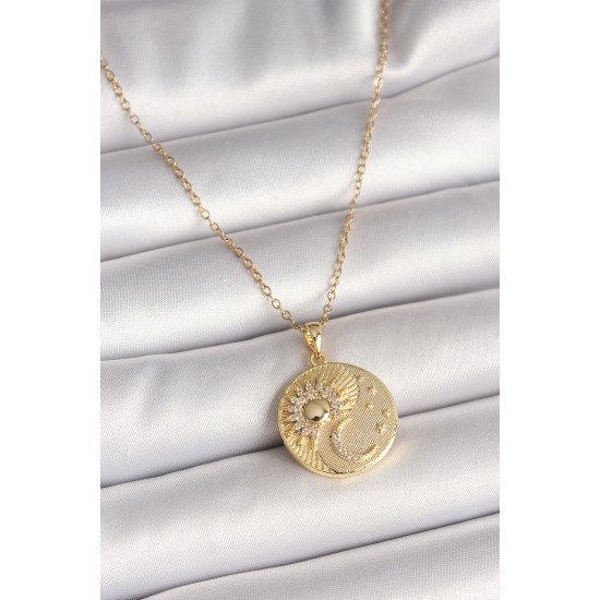 316L Çelik Gold Renk Zincir Zirkon Taşlı Ay Güneş İşlemeli Madalyon Model Kadın Kolye