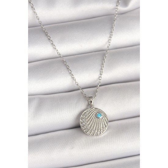 316L Çelik Gümüş Renk Zincir Zirkon Taşlı Mavi Taş Detaylı Madalyon Model Kadın Kolye