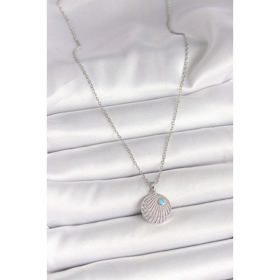 316L Çelik Gümüş Renk Zincir Zirkon Taşlı Mavi Taş Detaylı Madalyon Model Kadın Kolye