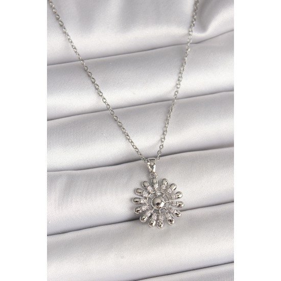 316L Çelik Gümüş Renk Zincir Zirkon Taşlı Güneş Model Kadın Kolye