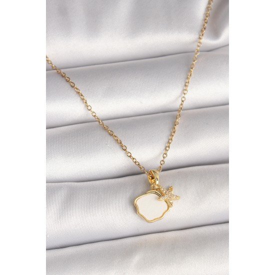 316L Çelik Gold Renk Zincir Sallantı Beyaz Mineli Deniz Kabuğu Zirkon Taşlı Deniz Yıldızı Figür Kadın Kolye