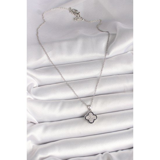316L Çelik Gümüş Renk Zincir Zirkon Taşlı Yonca Model Kadın Kolye