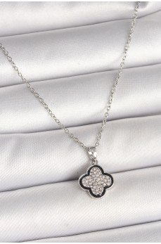 316L Çelik Gümüş Renk Zincir Zirkon Taşlı Yonca Model Kadın Kolye