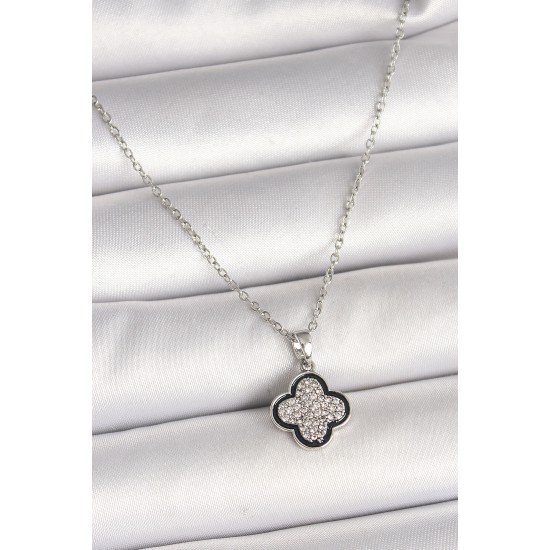 316L Çelik Gümüş Renk Zincir Zirkon Taşlı Yonca Model Kadın Kolye