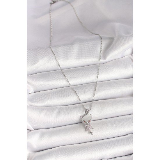 316L Çelik Gümüş Renk Zincir Zirkon Taşlı Kedi Model Kadın Kolye