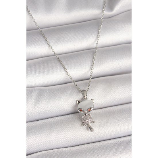 316L Çelik Gümüş Renk Zincir Zirkon Taşlı Kedi Model Kadın Kolye