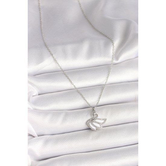 316L Çelik Gümüş Renk Zincir Zirkon Taşlı Kuğu Model Kadın Kolye