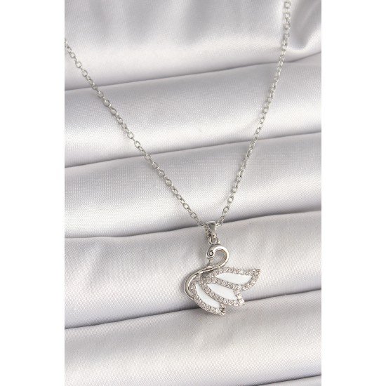 316L Çelik Gümüş Renk Zincir Zirkon Taşlı Kuğu Model Kadın Kolye