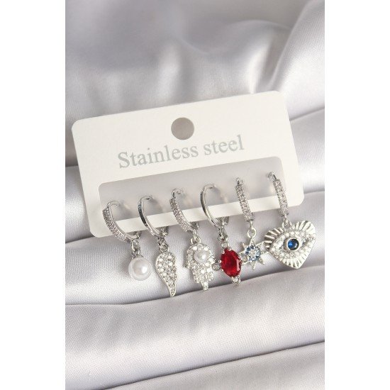 Pirinç Gümüş Renk Zirkon Taşlı Fatma Ana El Figür Kadın Küpe Seti