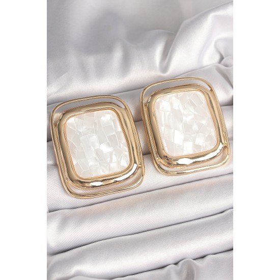 Pirinç Gold Renk Beyaz Mineli Kare Model Kadın Küpe