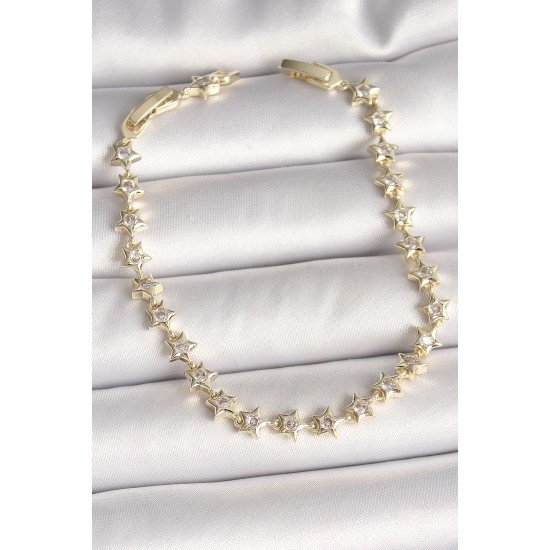 Pirinç Gold Renk Zirkon Taşlı Yıldız Model VIP Seri Kadın Bileklik