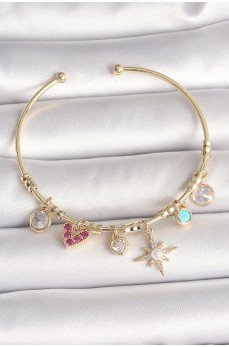 Pirinç Gold Renk Zirkon Taşlı Sallantı Kutup Yıldız Figür İnci Detay Charm Kadın Bileklik