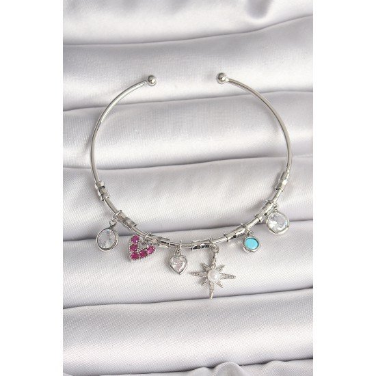 Pirinç Gümüş Renk Sallantı Zirkon Taşlı Kutup Yıldız Figür Kalp Detay Charm Kadın Bileklik