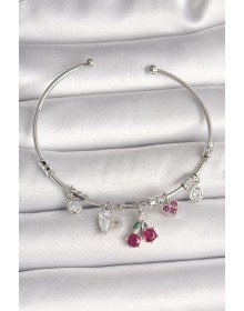 Pirinç Gümüş Renk Sallantı Kiraz Figür Kalp Detay Charm Kadın Bileklik